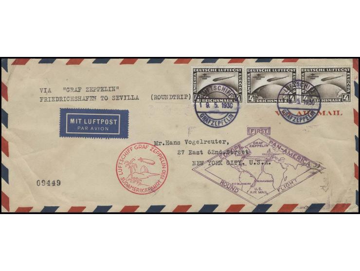 1930, Südamerikafahrt, Brief Friedrichshafen-Sevilla mit 3 Werten Südamerikafahrt 4 M. und Bordpoststempel vom 19.5., eine Ma