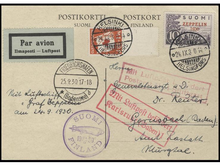 Ostseefahrt, Finnische Post, Karte mit Zeppelin 10 M. nach Deutschland mit jeweils Flugbestätigungsstempel von Karlsruhe und 