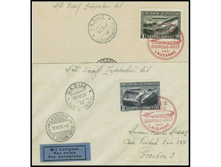 Karte und Brief mit Zeppelin 1 bzw. 2 Fr., beide nach Genf, Kabinett