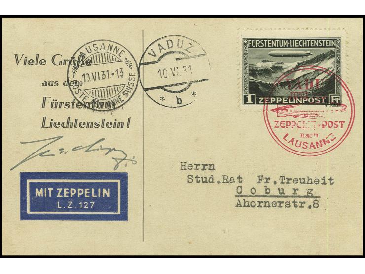 Sonderkarte mit Bild "Luftschiff auf der Fahrt über Liechtenstein" und eingedrucktem Zeppelin-Etikett, frankiert mit Zeppelin