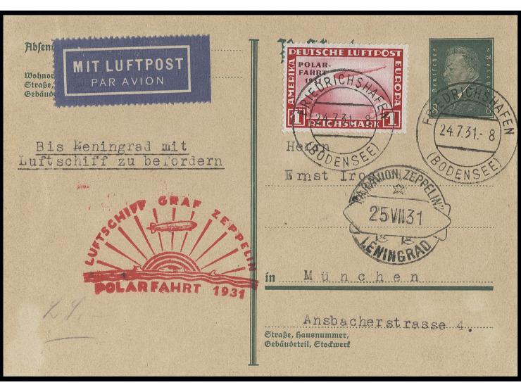 Auflieferung Friedrichshafen: Karte mit Polarfahrt 1 M. bis Leningrad, alle Stempel vorderseitig, Pracht