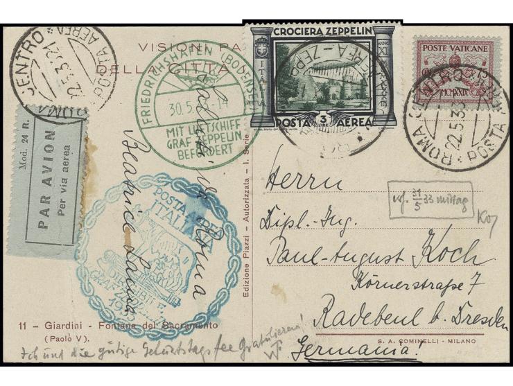 1933, Italienfahrt, Vatikan-Post, Karte (links senkrechte Bugspur) mit Italien Zeppelin 3 Fr. (oben gering über Rand geklebt,