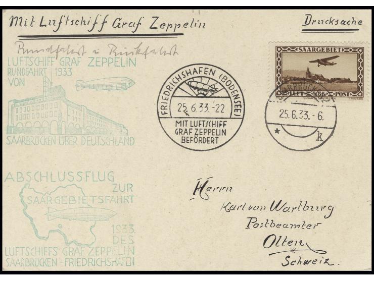 Drucksachenkarte mit Flugpost 5 Fr. und beiden Bestätigungsstempeln in die Schweiz, Kabinett