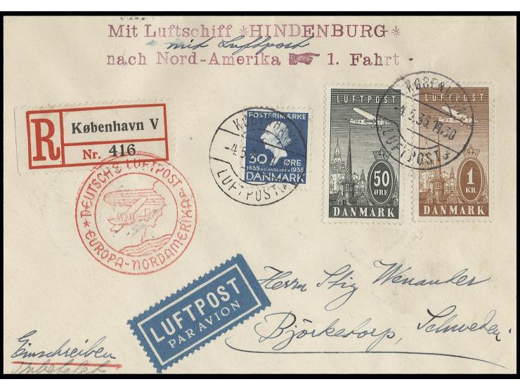 1936, 1. Nordamerikafahrt, R-Brief nach Schweden mit diversen Durchgangs- und Ankunftsstempeln, Kabinett