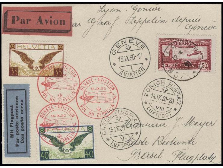 FRANKREICH: 1930, Genffahrt, Karte ab Lyon mit Schweiz-Zusatzfrankatur Mi.-Nr. 233-34 als extrem seltene Zuleitung zur Rückfa