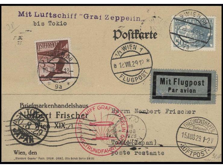 ÖSTERREICH: 1929, Weltrundfahrt, Karte bis Tokio, alle Stempel vorderseitig, Pracht