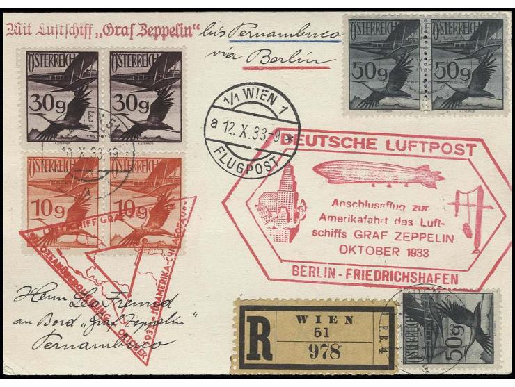 1933, Chicagofahrt, R-Karte mit Anschlußflug Berlin nach Pernambuco mit bunter vorder- und rückseitiger Frankatur, Kabinett