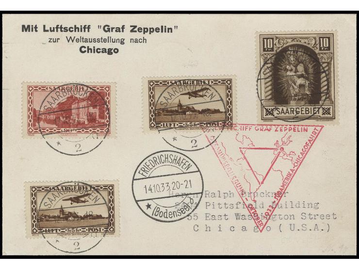 1933, Chicagofahrt, Vordruckkarte mit besserer Frankatur (u.a. 10 Fr. Madonna  und 2x 5 Fr. Flugpostmarke) via Friedrichshafe
