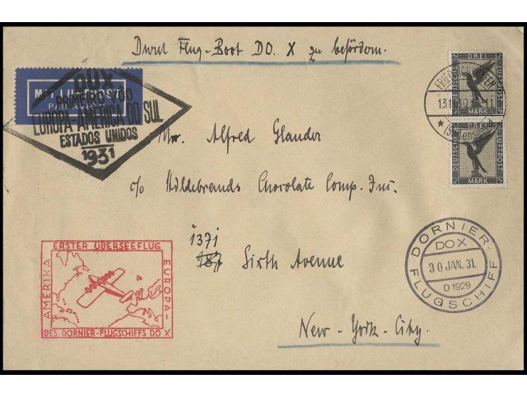 1930, 1. Überseeflug, Brief mit senkrechtem Paar Mi.-Nr. 384 nach New York, Pracht; Harms-Nr. 7b