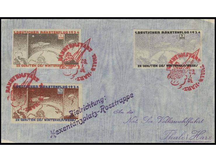 1934 Hexentanzplatz 28.1., Brief mit ½ bis 3 M. geschnitten mit aus jeweils rotem Sonderstempel "RAKETENSTART THALE -HARZ" so
