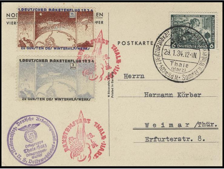 Karte mit ½ bis 3 M. gezähnt (1 M. bildseitig) mit rotem Sonderstempel "RAKETENSTART THALE-HARZT" sowie Aufgabestempel "Thale