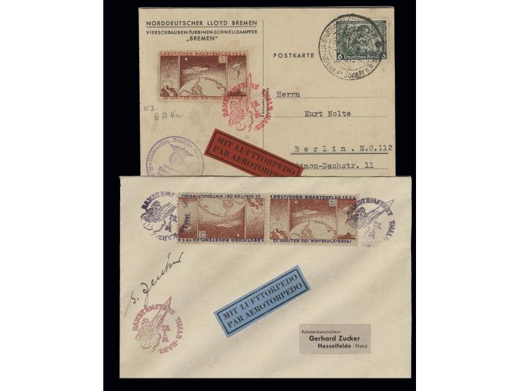Karte mit ½ M. und Brief mit Kehrdruckpaar ½ M. sowie rückseitig Wert ohne Wertziffer und Inschrift, mit Sonderstempel in unt