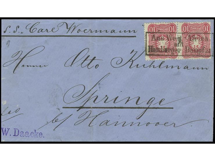 1885, "Aus West-Africa mit Hamburger Dampfer", klarer Ra3 auf waagerechtem Paar 10 Pfg. auf kleinem Briefkuvert mit Absenders