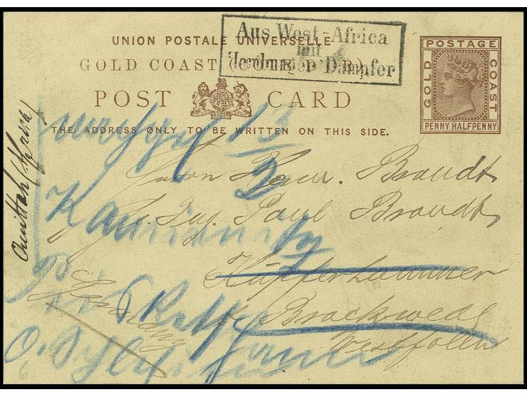 1886, "Aus West-Africa mit Hamburger Dampfer", klarer Ra3 auf Ganzsachenkarte Goldküste ½ P. braun von Quittah 1886, mit lang