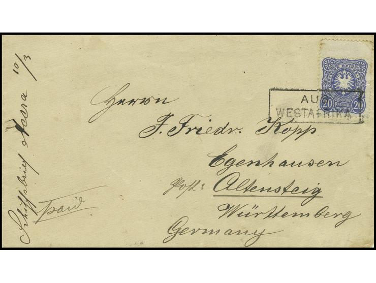 1889, "AUS WESTAFRIKA", Ra2 auf 20 Pfg. blau mit Zwischenstegansatz oben auf Brief mit Aufgabevermerk "Schiffsbrief Accra 10/