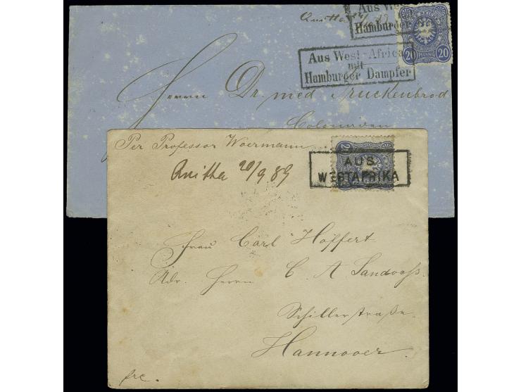 1889, 2 Briefe mit handschriftlichem Aufgabevermerk "Quitta", beide frankiert mit 20 Pfg., einmal mit Ra2 "AUS WESTAFRIKA", e