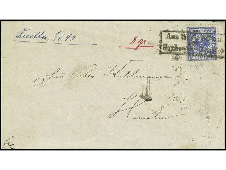 1890, "Aus West-Afrika mit Hamburger Dampfer", Ra3 auf Krone/Adler 20 Pfg. blau auf Briefumschlag mit handschriftlichem Aufga
