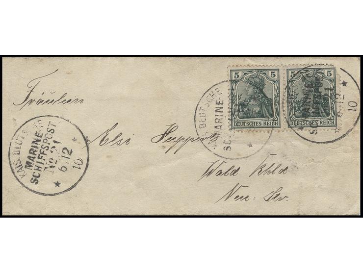 1910, "DMSP No. 21 6.12.10" (S.M.S. Leipzig, 1. Südreise), 3x recht klar auf Brief mit waagerechtem Paar Germania 5 Pfg. nach