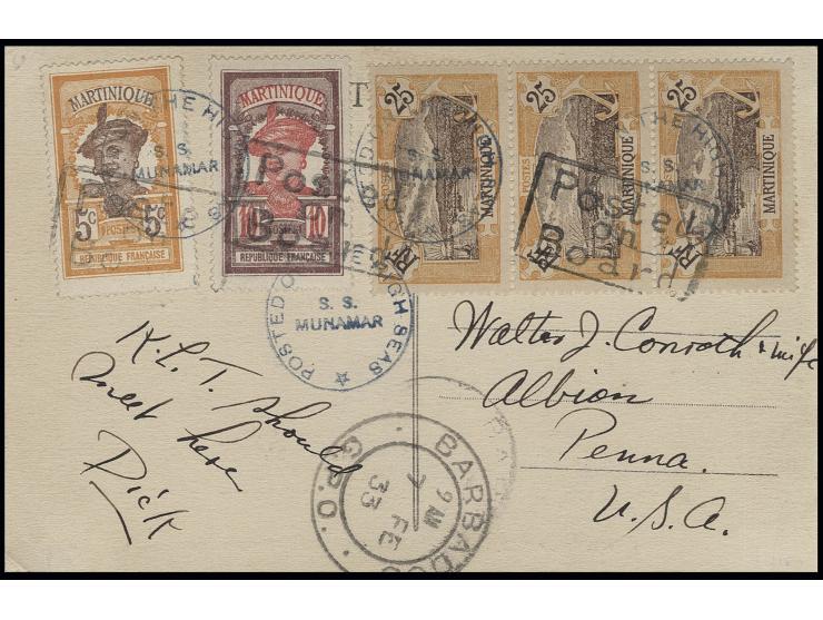 MARTINIQUE: 1933, "Posted on Board", Ra. sowie blauer EKr. "POSTED ON THE HIGH SEAS S.S. MUNAMAR" auf Ansichtskarte via Barba