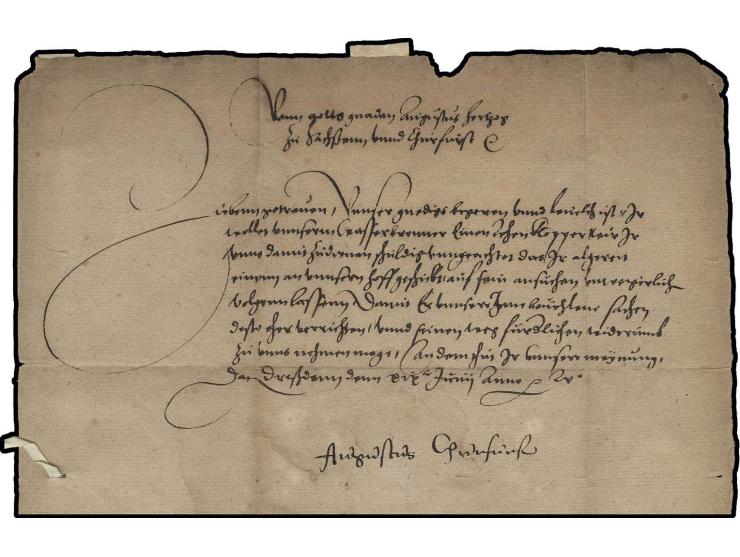 August, Kurfürst von Sachsen (1526-1586), eigenhändige Unterschrift "Augustus Kurfürst" auf Brief an den Rat der Stadt Dresde