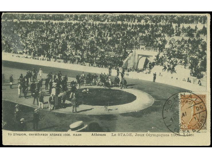 3 L. mit Sonderstempel "ATHEN/STADION 18 APR. 06" bildseitig auf Ansichtskarte Stadion