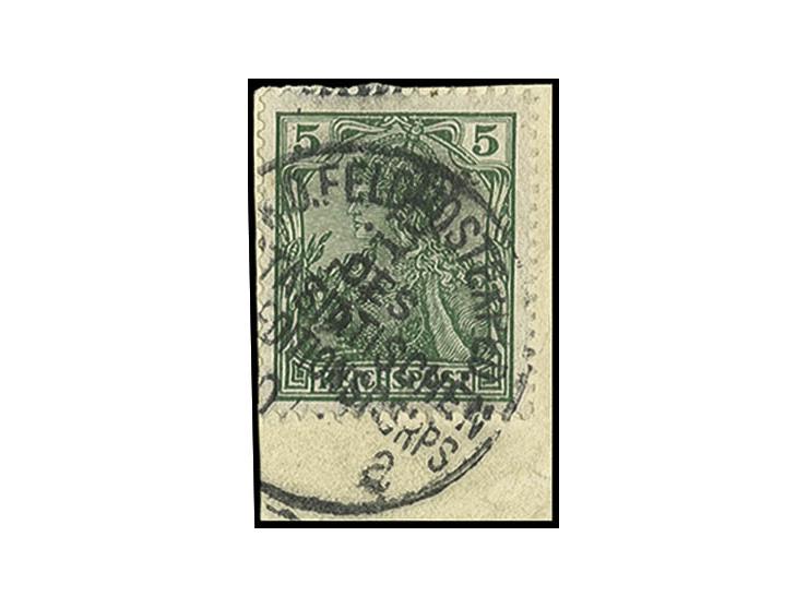 Handstempelaufdrucke: 5 Pfg. mit Feldpoststempel (Sorte I) auf Briefstück, Kabinett, u.a. sign. Jakubek (Mi. 450,-)