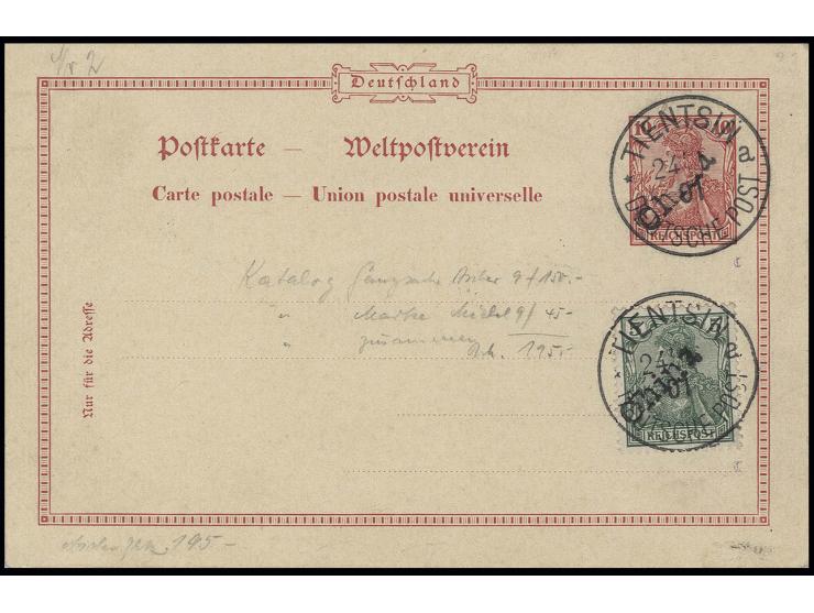 5 Pfg. mit Stempel "TIENTSIN 24/1 01" auf Ganzsachenkarte 10 Pfg mit Handstempelaufdruck, Ganzsache unten minimal berieben un