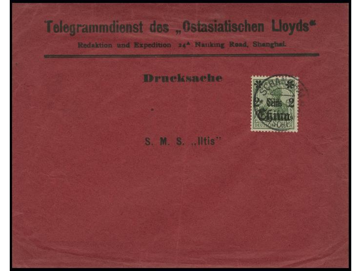 2 C. mit Stempel "SCHANGHAI b 25 6 06" auf rotem Drucksachenumschlag des "Telegrammdienst des Ostasiatischen Lloyds" an S.M.S