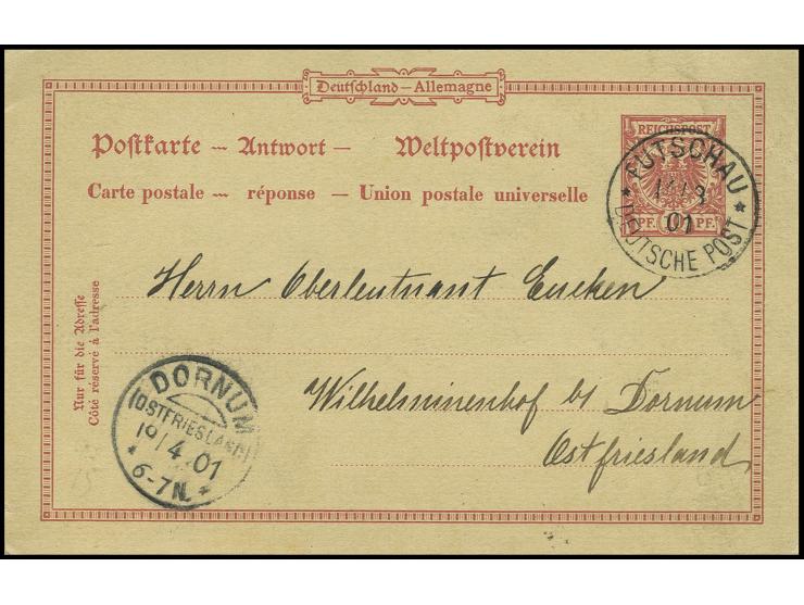 GANZSACHEN: 1901, Antwort-Karte Krone/Adler 10 Pfg. mit Stempel "FUTSCHAU DP 14.3.01" mit interessantem Text des Leiters der 