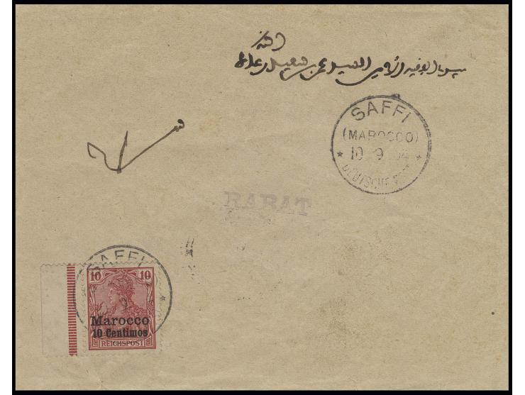 10 C. mit linkem Rand und Stempel "SAFFI (MAROCCO) DP 10.9.04" auf Brief mit Inhalt und Leitstempel "RABAT" sowie Ankunftsste