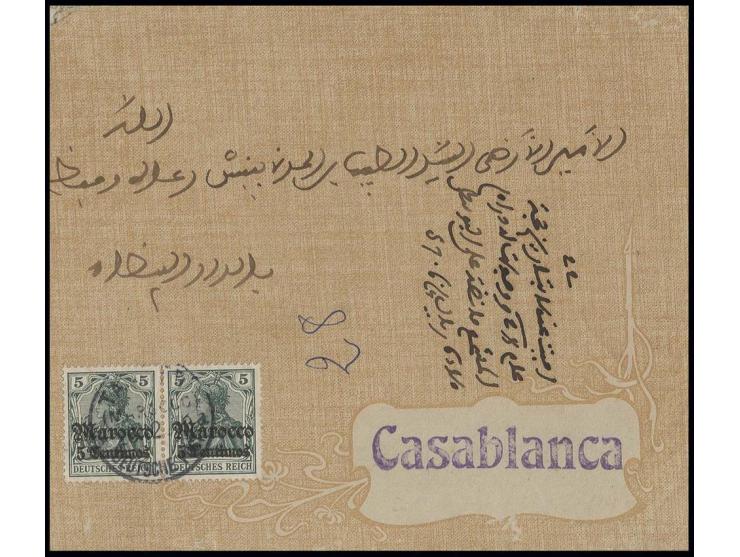 1906, 5 C. im waagerechten Paar mit Stempel "TANGER (MAROCCO) DP 23.12.10" auf Vordruckbrief mit Leitstempel "Casablanca" und