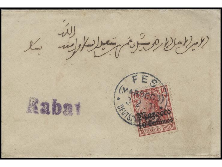 10 C. mit Stempel "FES (MAROCCO) DP 3.2.10" auf Brief nach Salé mit Leitstempel "Rabat", Umschlag links mit leichten Öffnungs