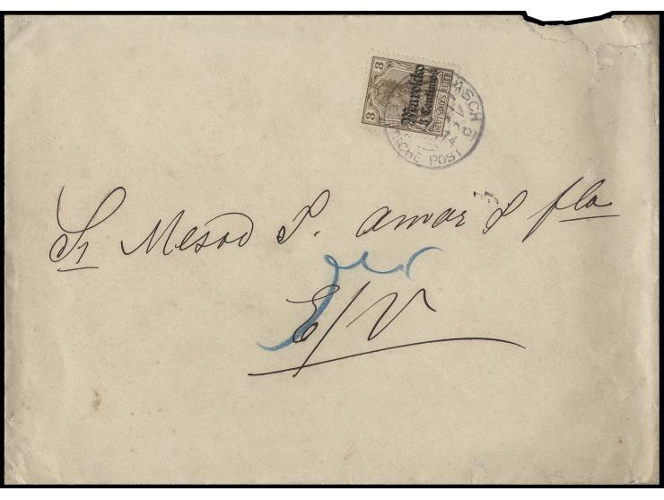 1911, 3 C. mit Stempel "LARASCH (MAROKKO) DP  27.11.1914" auf Ortsbrief, Umschlag rechts oben fehlerhaft, jedoch mit Kriegsda
