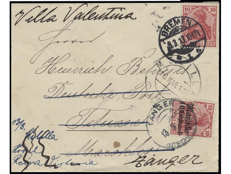 10 C. und 5 C. (rückseitig) mit Stempel "TANGER (MAROKKO) DP 13.3.13" als Nachsendefrankatur auf Brief von "BREMEN 9.3." mit 
