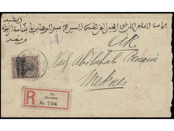  60 C. mit Stempel "FES (MAROKKO) DP 13.2.12" auf Einschreibe-Rückschein-Brief mit handschriftlichem Vermerk "AR" nach Meknes