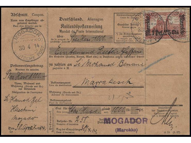 1 Pes. 25 C. mit Stempel "MOGADOR (MAROKKO) DP 30.4.14" auf kpl. Hassani-Postanweisung nach Marrakesch mit Ankunftsstempel, F