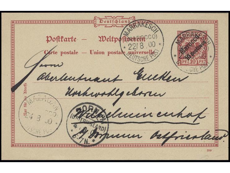 GANZSACHEN: 1899, Karte 10 C. auf 10 Pfg. mit Plattenfehler "P von PF. mit kurzem Fuß" mit Stempel "MARRAKESCH (MAROCCO) DP 2