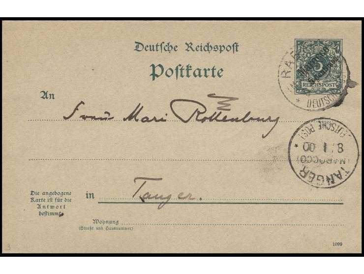 Doppelkarte 5 C. auf  5 Pfg. mit Stempel "RABATT (MAROCCO) DP 5.1.00" nach Tanger mit Ankunftsstempel und Antwortteil anhänge