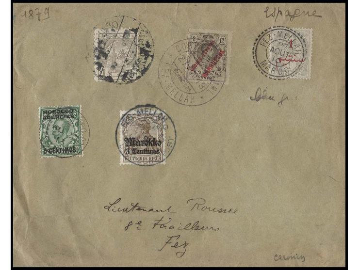 STEMPEL: "FES-MELLAH (MAROKKO) DP a 27.8.13" auf Umschlag mit 3 C. auf 3 Pfg. sowie mit Marken und Stempeln von 3 weiteren Po