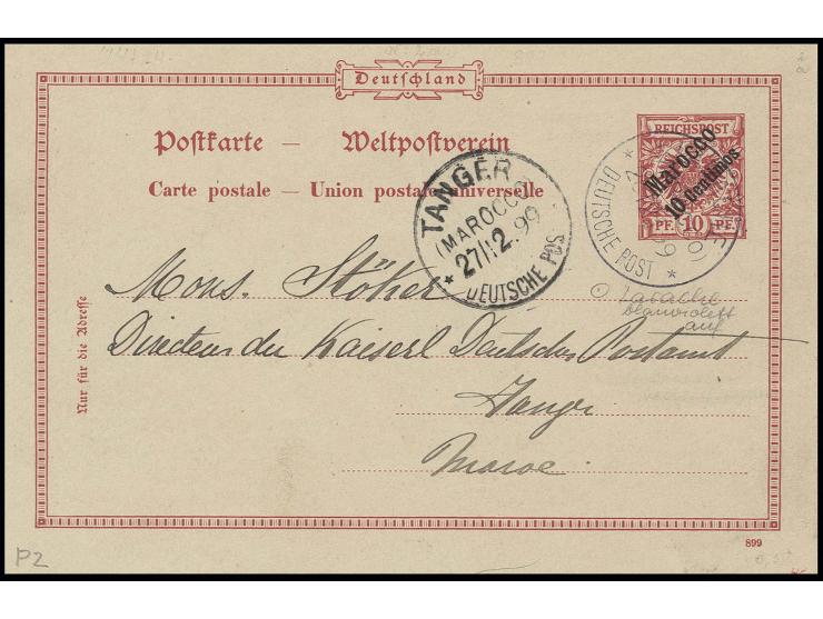"LARACHE (MAROCCO) DP 26.12.99", klar in violett auf Ganzsachenkarte 10 C. auf 10 Pfg. mit Text nach Tanger mit Ankunftsstemp
