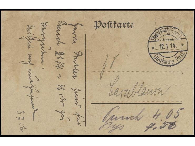 "TANGER (Marokko) DP ** 12.1.14", sehr klar auf unfrankierter Postsachen-Karte (Betrifft Zeitschriftenabonnements) nach Casab