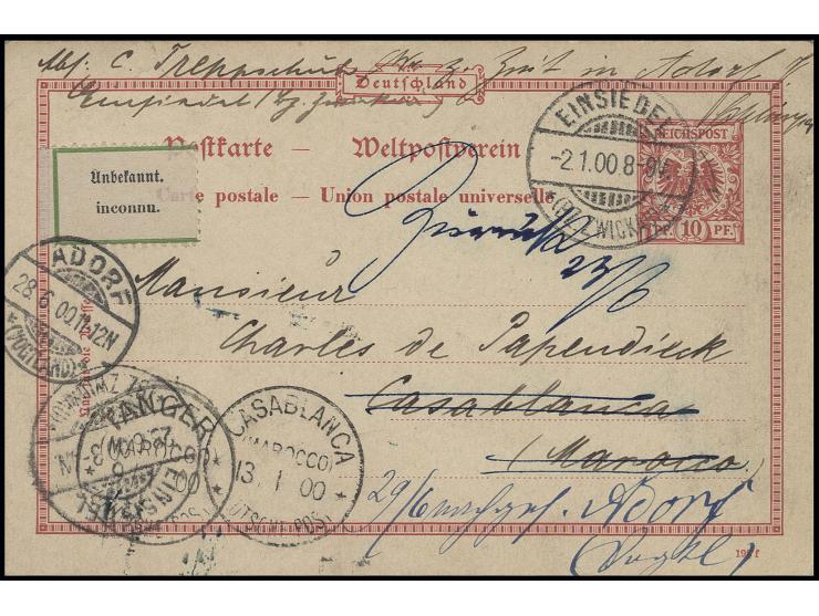 INCOMING MAIL: 1900, Krone/Adler Ganzsachenkarte 10 Pfg. mit Plattenfehler "P von PF. mit kurzem Fuß" und Stempel "EINSIEDEL 