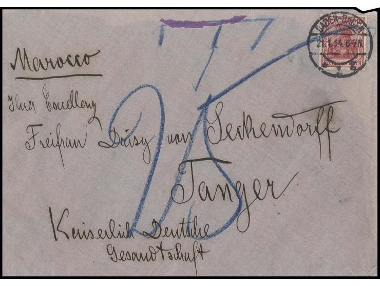 1914, 10 Pfg. Germania mit Stempel "BADEN-BADEN 21.1.14" auf unterfrankiertem Brief mit handschriftlichem Tax-Vermerk an die 