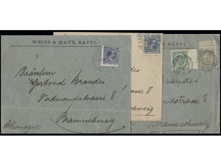1896, 2 Vordruckbriefe der Fa. "Weiss & Maur, Saffi" mit spanischer Post von "SAFFI 10.11." bzw. mit belgischer Frankatur von