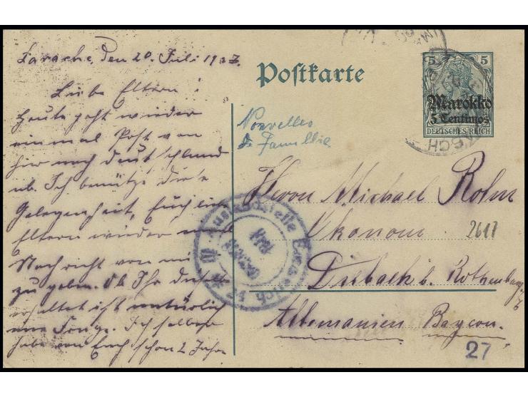 1917, "CENSURA No. 11.9.1917", klar rückseitig auf Ganzsachenkarte  5 C. auf 5 Pfg. (Zufrankatur abgelöst) von "LARRACHE (MAR