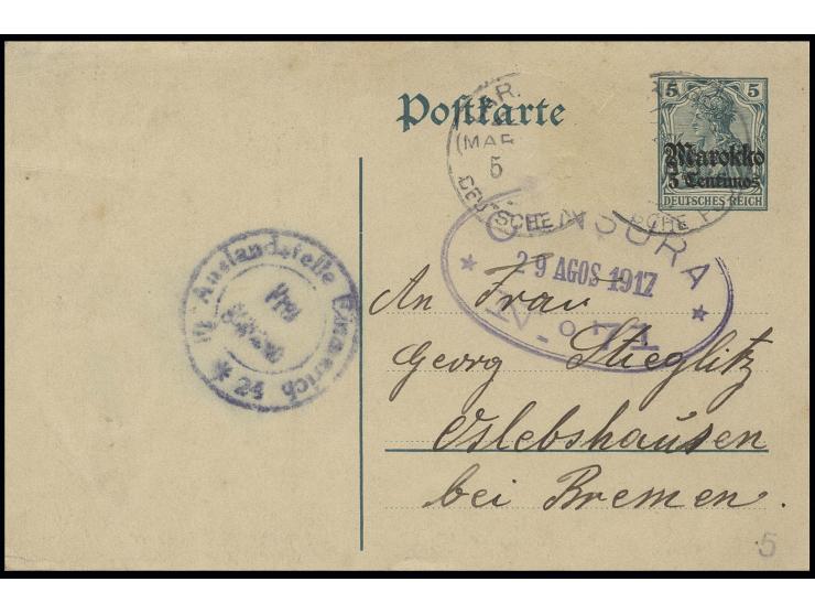 1917, "CENSURA No. 71 29.8.1917", klar auf Ganzsachenkarte  5 C. auf 5 Pfg. (Zufrankatur abgelöst) von "LARRACHE (MAROKKO) DP