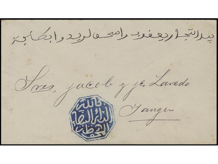 1893 (ca.), Brief mit klarem blauen Oktogon-Stempel "Dar el-Beida" nach Tanger, rückseitig mit Briefstempel der Fa. Pinto aus