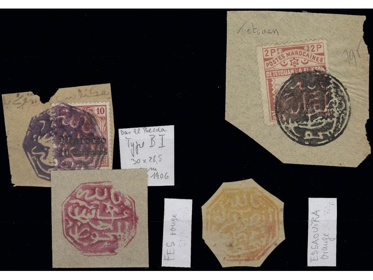 1897/1906, 4 Briefstücke mit Oktogon-Stempel von Tetuan (in schwarz auf 2 Pes. der Privatpost Tetuan), Dar el-Beida auf 10 C.