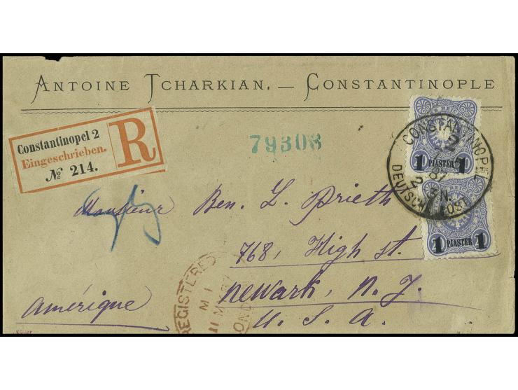 1884, 1 Pia. auf 20 Pfg., Aufdruck blauschwarz, 2 Einzelwerte mit Stempel "CONSTANTINOPEL 2 7 5 87" auf Bedarfs-R-Brief nach 