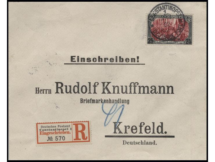 25 Pia. mit Stempel "CONSTANTINOPEL 29 3 02" auf R-Brief nach Krefeld, Kabinett, Fotoattest Steuer BPP
